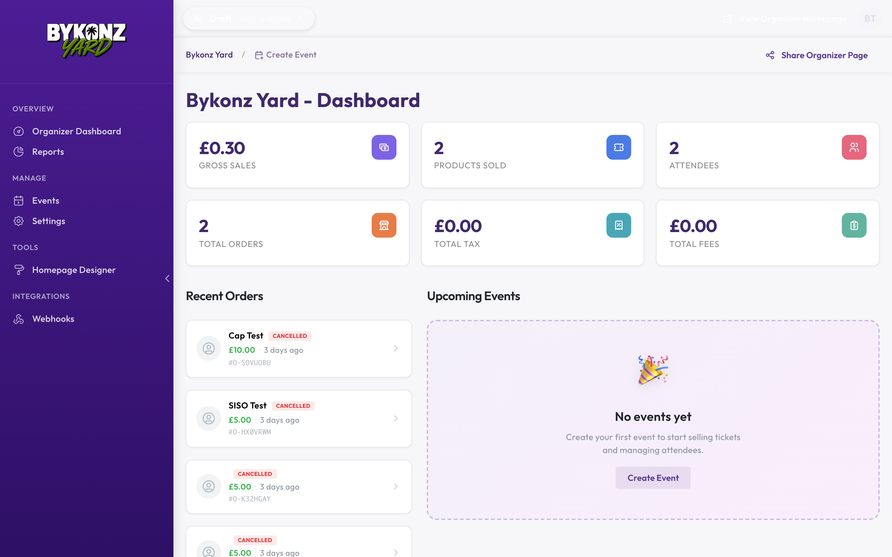 The BykonzYard ticketing dashboard showing sales totals, recent orders and upcoming events