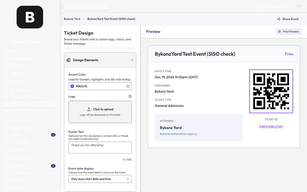 Ticket Designer with accent colour, logo upload and footer text, showing a live ticket preview with QR code